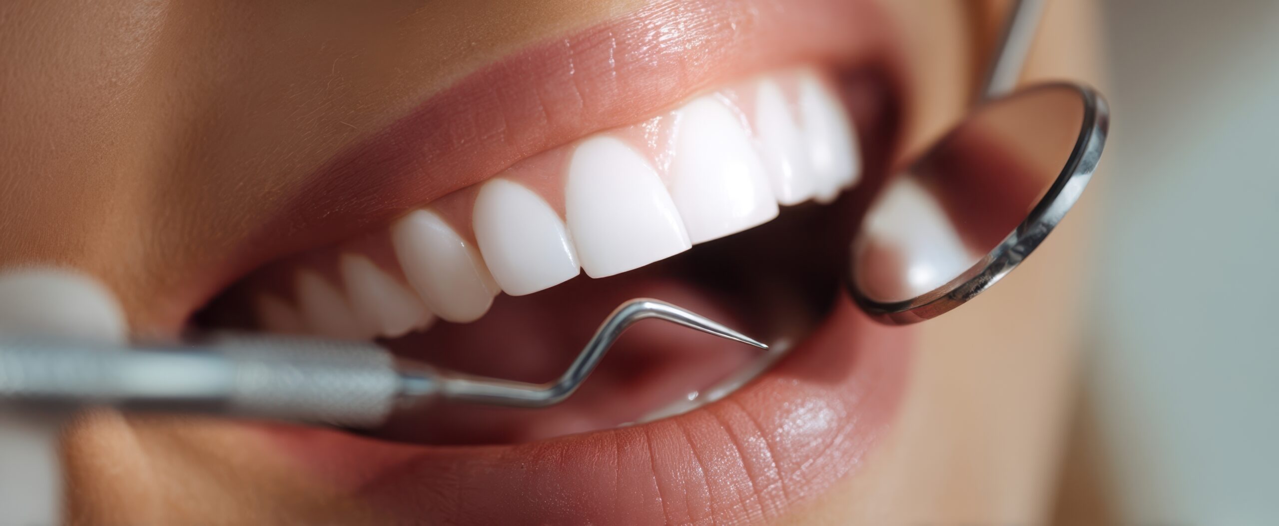 The gleaming smile of a patient during a dental examination.